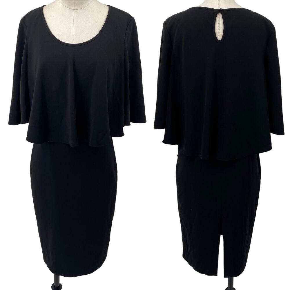 Badgley Mischka Ruffled Cape Sheath Dress Cocktail Knee Length Black Womens 4